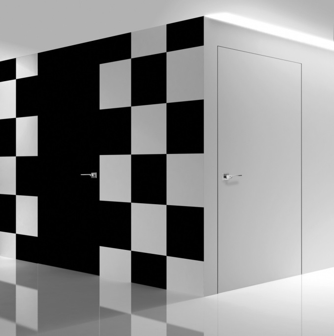 Белые и черные двери невидимки в интерьере 