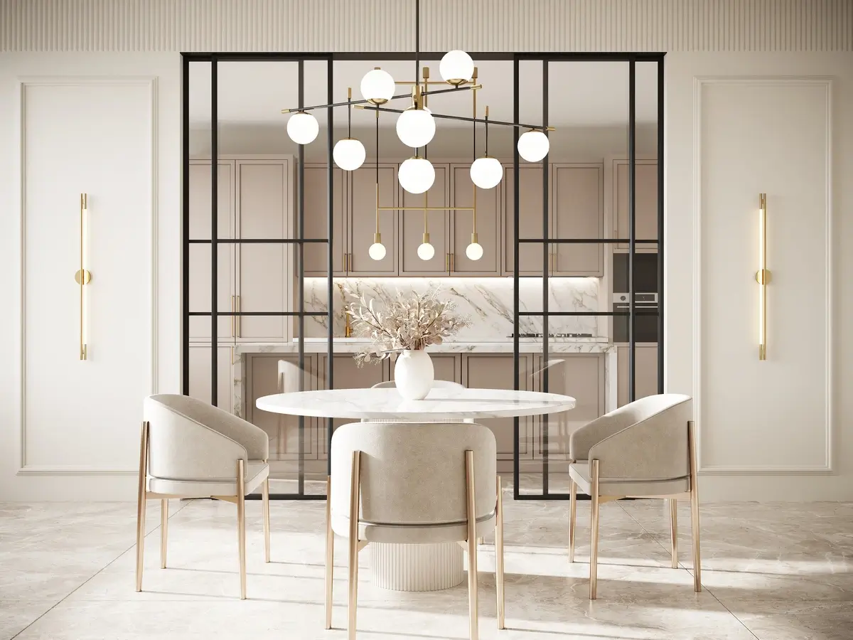 Алюминиевая четырехстворчатая раздвижная перегородка Vella или Grafia с системой открывания синхрон для зонирования кухни и столовой