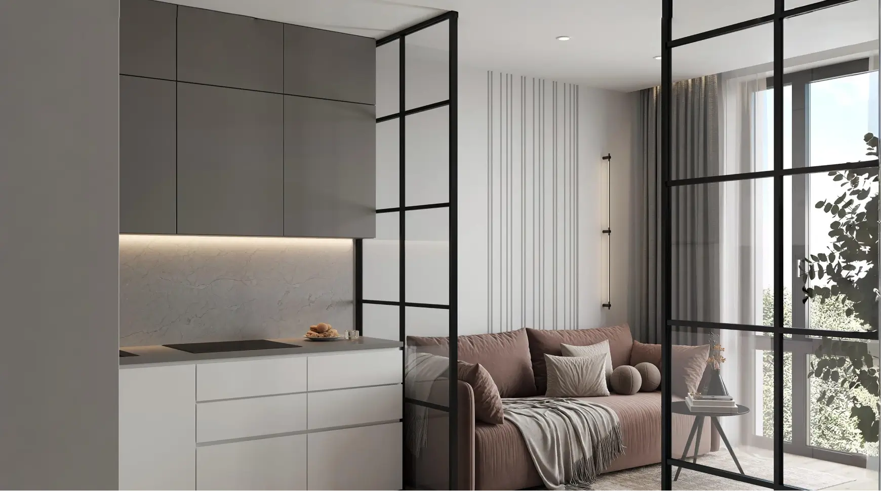 Одностворчатая алюминиевая перегородка черного цвета с декором из накладных алюминиевых планок в английском стиле отделяет кухню от зоны отдыха