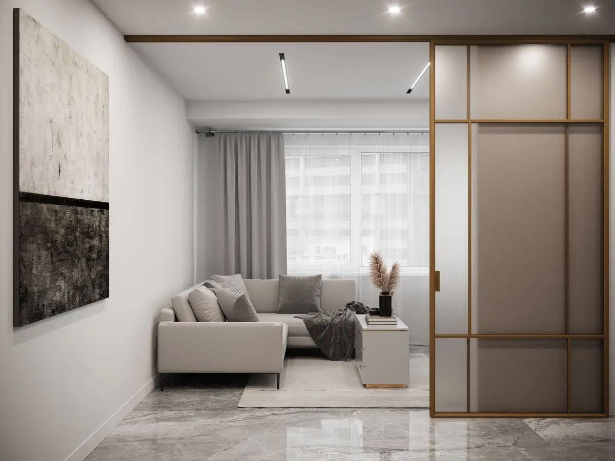 Двухстворчатая алюминиевая перегородка Grafia песочного цвета с матовым стеклом крепится к потолку открытым способом