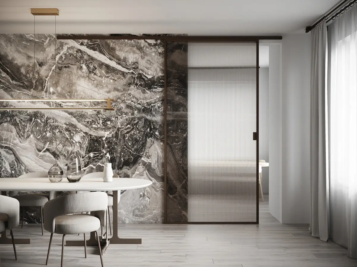 Одностворчатая перегородка Grafia в бронзовом цвете с рифленым стеклом и креплением к стене